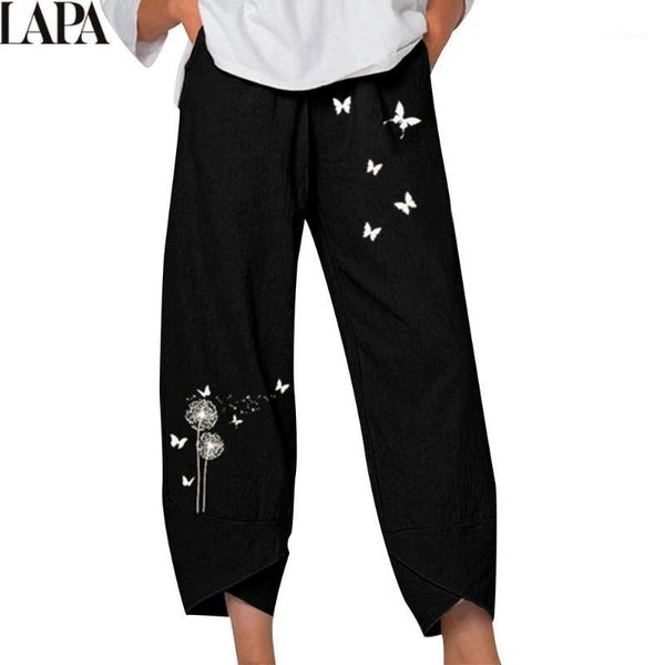 

women's pants & capris vintage linen wide leg female casual loose pockets elastic waist women dandelion butterfly mid trousers d30, Black;white