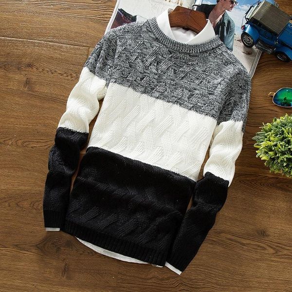 

men's sweaters autumn winter brand men knitted sweater casual o-neck striped slim knittwear pullovers jumper patchwork long-sleeved clo, White;black