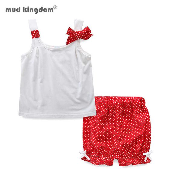 Mudkingdom Little Girls Outfits Bonitos Bolinhas Bow Bow Girl Summer Roupas Curto e Tanque Set Kids Roupas 210615