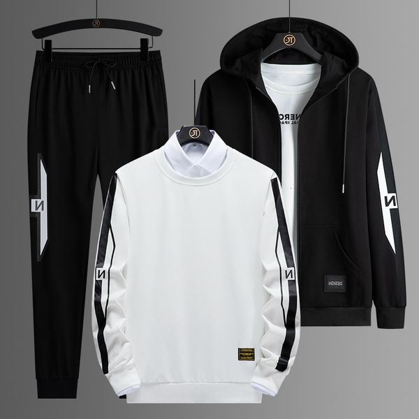 

sweater three piece spring men's fashion casual suit hooded loose autumn winter coat, Black