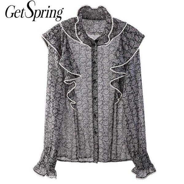 

getspring women shirt flare sleeve ruffles patchwork vintage chiffon blouse shirts long printing female 210601, White