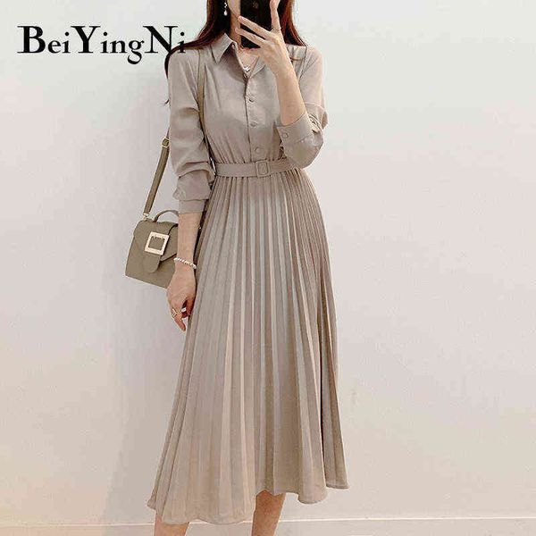 

beiyingni women's long sleeve midi pleated dress buttons belt vintage chic elegant office ladies ol dress high waist vestidos y1204, Black;gray