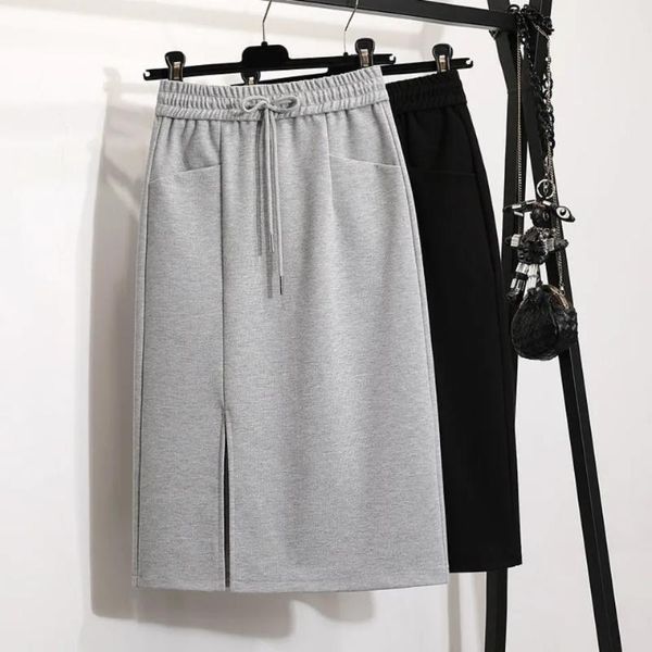 

skirts slit cotton soft midi women's summer skirt casual elastics korean fashion aesthetic high waist pockets plus size elegant, Black