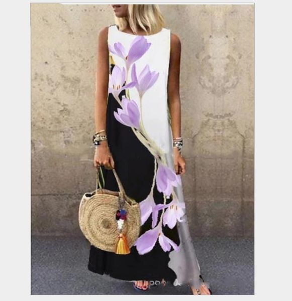 

casual dresses sundress women summer dress 2021 printing midi plus size linen loose sleeveless printed long maxi, Black;gray