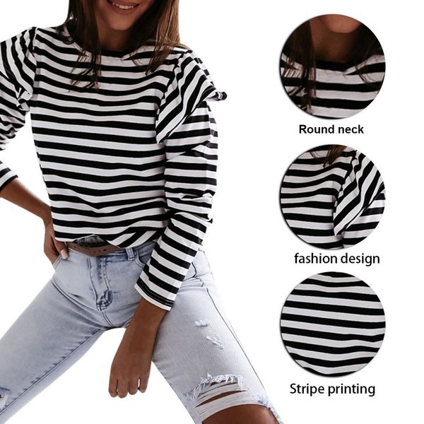 

2021 women blouse shirt striped ruffle long sleeve blouse women casual feminine autumn fashion woman blouses o neck female, White