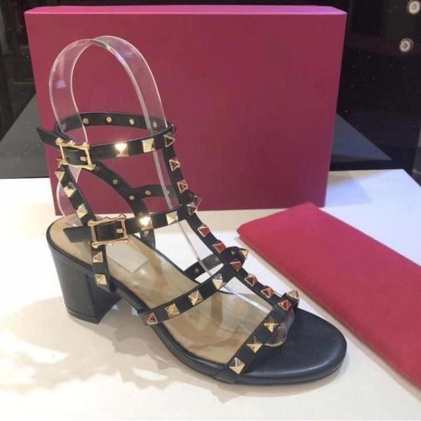 

sandals 2021 rivet high heels 6cm women's thick heel brand mid-heel open toe with v shoes size 35-42, Black
