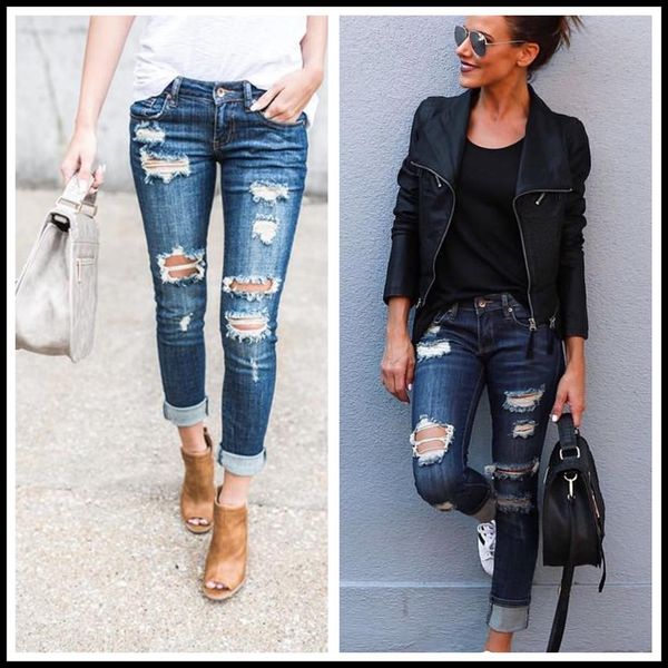 

ripped fashion skinny denim womens jeans pencil pants slim spring and autumn clothing s xl drop, Blue