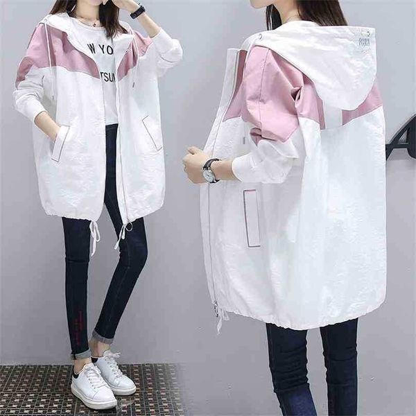 

meidum long spring autumn trench coat fashion women casual hooded patchwork color plus size korea windbreaker outerwear 210525, Tan;black