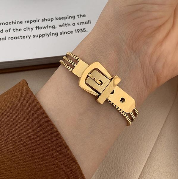 

aensoa fashion stainless steel belt shape strap charm gold bangle women jewelry gift punk layered bangle bracelets high quality, Black