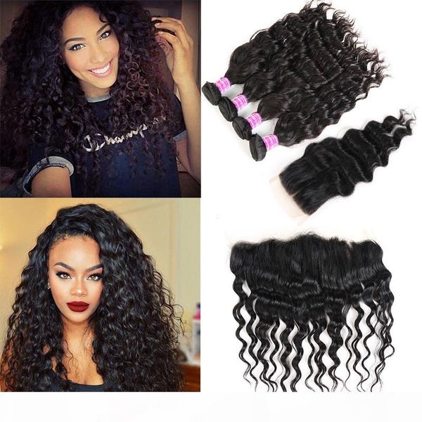 

wholesale mongolian virgin hair vendors water wave human hair weave bundles with closure frontal 8a brazilian virgin hair extensions wefts, Black