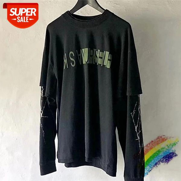 

High Street Foaming Printing Askyurself T-shirt Women Men Long sleeve Mock Two-Piece Vintage Top Tee #789N, White;black