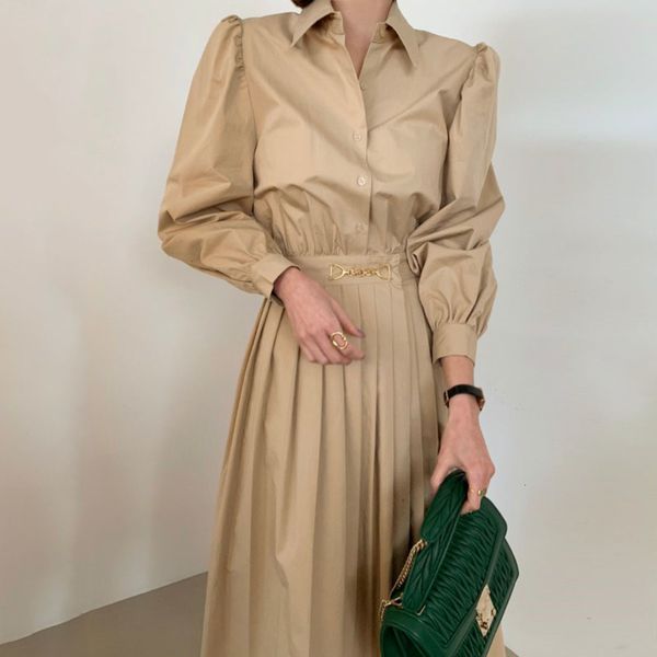 

south korea chic design small crowd waist slim skirt spring and autumn new long sleeve pleated shirt dress, Black;gray