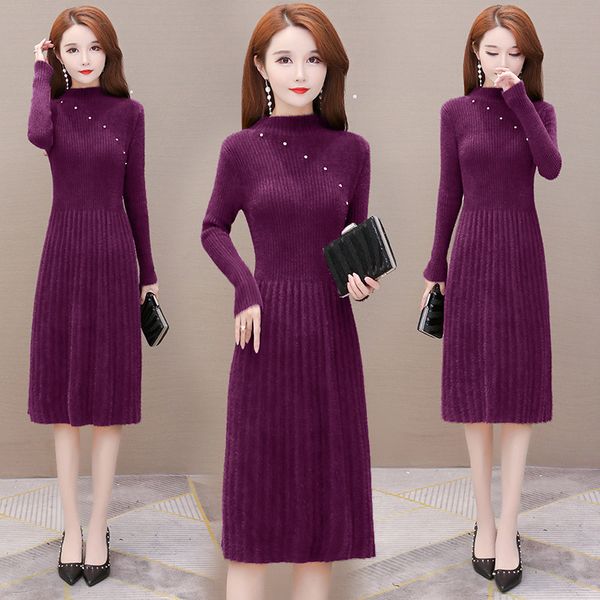 

imitation of mink sweater winter thicked mesh woman's dress loose size big solid background midi dresses y479 3esb, Black;gray