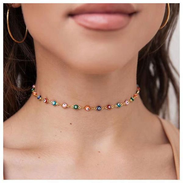 

classic fashion femme gold color clavicle chain short necklaces enamel turkish evil eye pendant necklace bijoux for women, Golden;silver