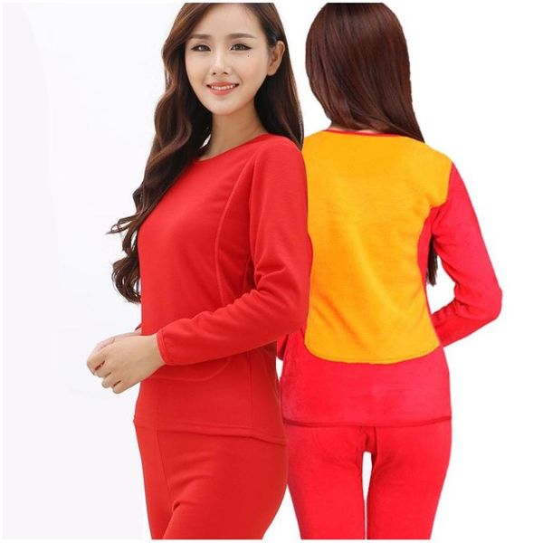 

men's women's thickened plush round neck thermal underwear suit for middle-aged and elderly women, Black;pink