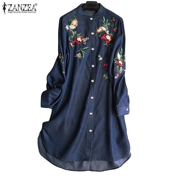 

women's embroidery blouse stylish denim blue shirt vestidos 2021 zanzea casual long sleeve blusas female button plus size tunic, White