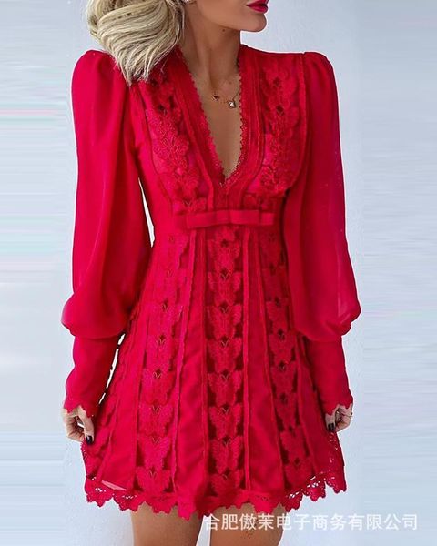 

casual dresses women's white v-neck lace dress, Black;gray