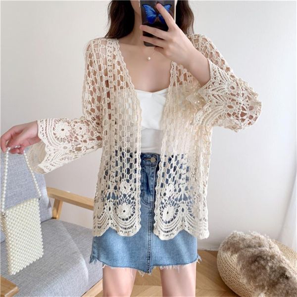 

women's knits & tees vintage kimono lace cardigan women long sleeve hollow out crochet knit cardigans mujer beach wear, White