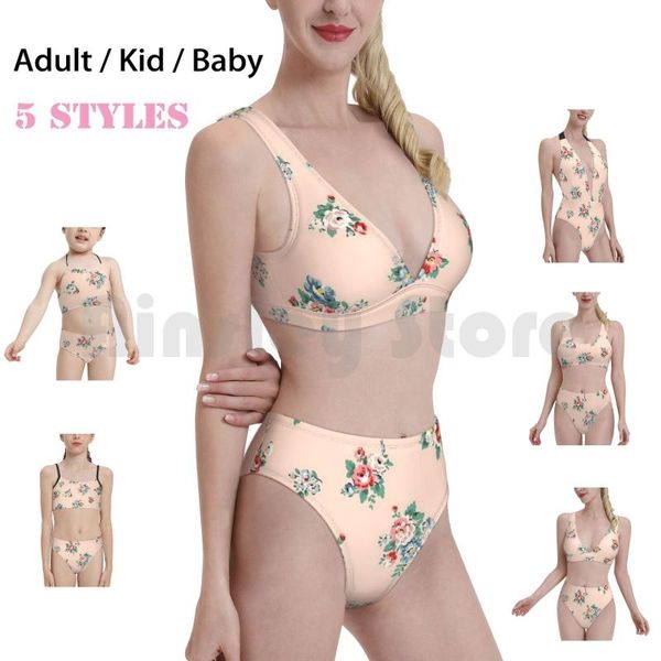 Damen-Bademode, Blumen-Design, Badeanzug, Bikini, gepolstert, hohe Taille, Blumenmuster, hübsches Vintage-Rosa, mädchenhafte Rosen, Shabby-Chic, süß