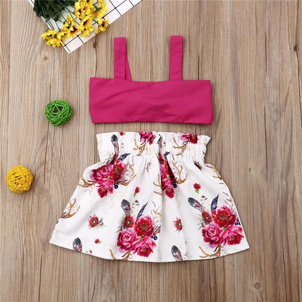 

girl's dresses 2021 summer toddler kids baby girl solid sleeveless crop floral 2pcs outfits set sunsuit, Red;yellow