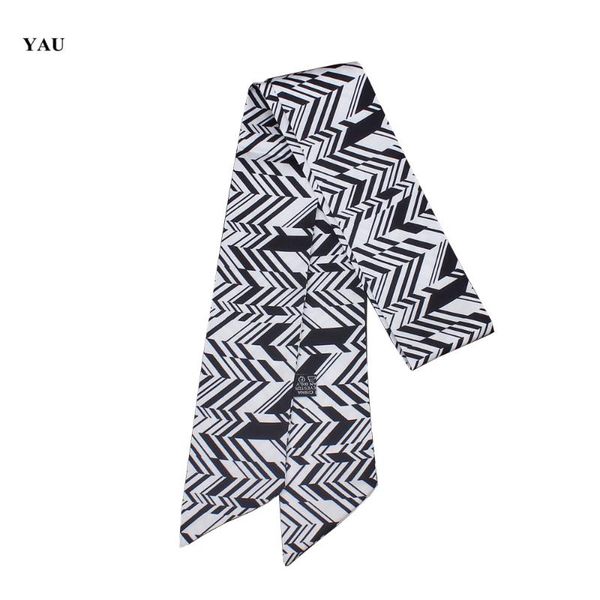 

scarves 95cm*5cm curved stripes printed small scarf women twill silk headband long bag accessories ribbon, Blue;gray