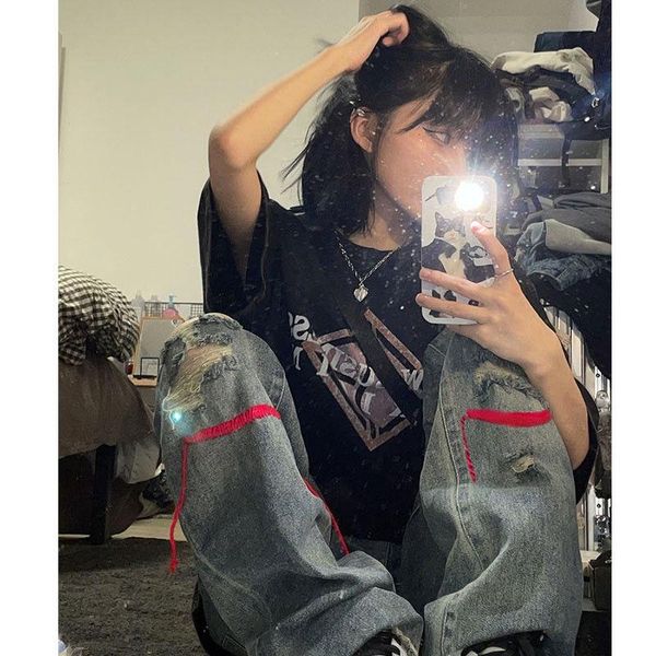 

women's jeans ripped children's autumn thin section american hiphop retro streetwear straight casual pants high waisted y2k, Blue