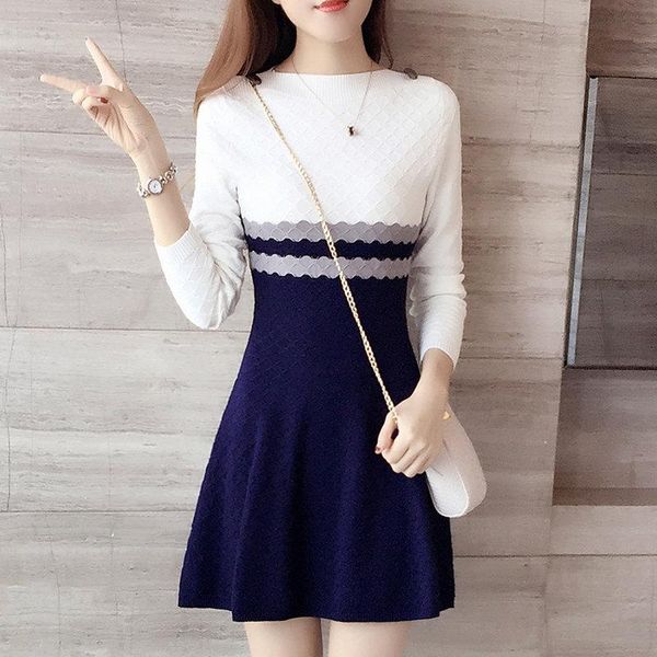 

casual dresses spring and autumn winter women's fashion slim white blue striped knit dress mixed colors, Black;gray