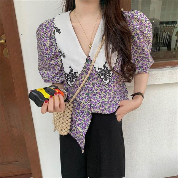 

purple puff sleeves summer chic fashion 2021 prairie style lace all match office lady florals shirt, White