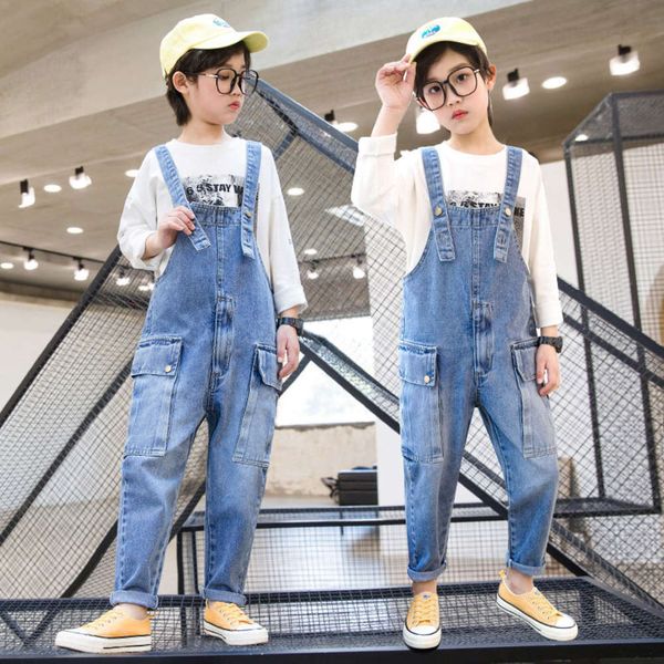 

spring autumn boys' pants 2021 new korean version of chinese university children's casual and fashionable personality strap jeans, Blue