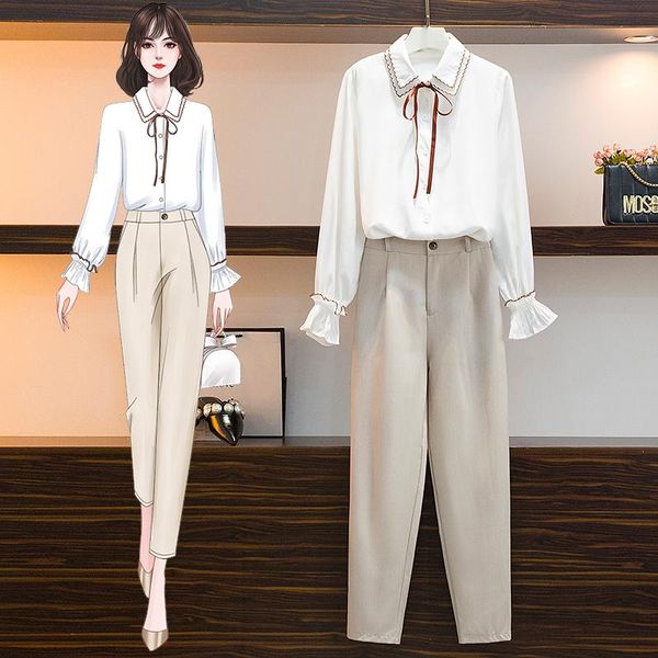 

spring small pure and fresh and fashionable with long sleeve shirt female tall waist foot trousers casual pants suit, White