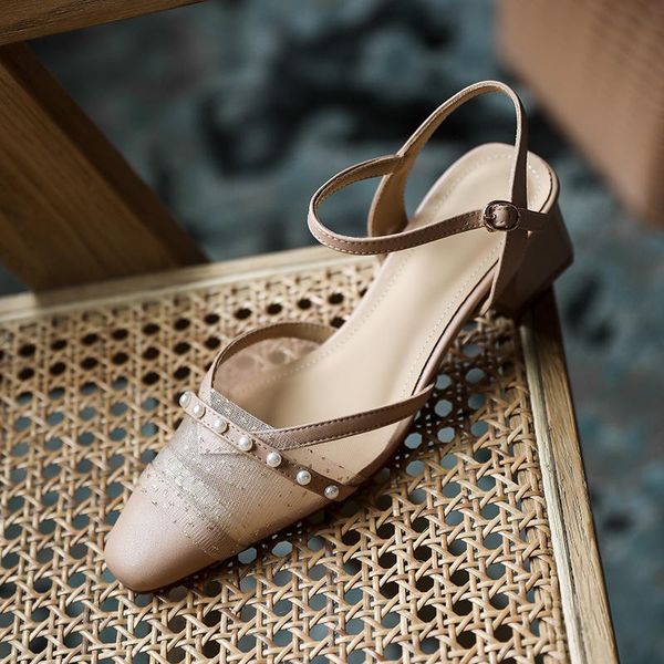 

slippers blocked heels for women beige sandals pearl women's summer shoes woman mules covered toe comfortable sandal, Black