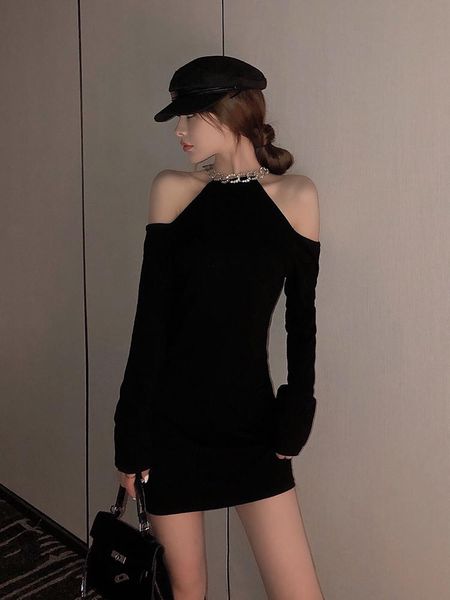 

casual dresses european autumn o neck diamond chain off shoulder long sleeve high waist bottomed mini women fashon streetwear, Black;gray