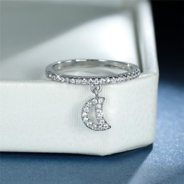 

wedding rings cute female crystal hollow moon pendant ring trendy gold silver color engagement charm zircon stone for women, Slivery;golden