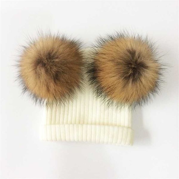 

baby hat natural raccoon fur baby cap two pompom kids caps winter children's hats with pompom 211023, Yellow