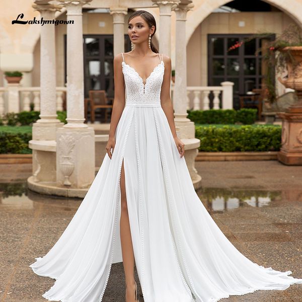 

2021 new laksgmigown side slit lace a line es spaghetti straps v neck chiffon wedding gowns for bridal vestido de novia upif, White