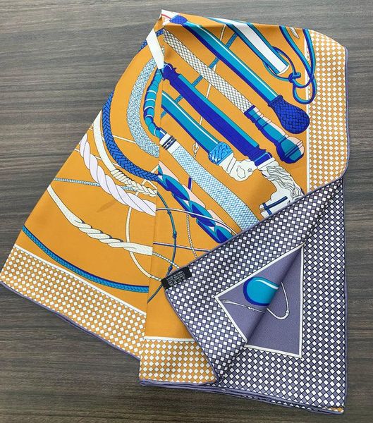 

scarves 18m/ scarf 100% twill silk hand rolled edges double side printing 90*90cm headband hairband, Blue;gray