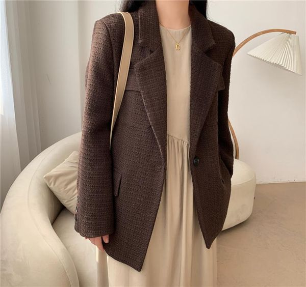 

notched vintage solid tweed blazer jacket 2021 new autumn winter formal women blazers suit coat female, White;black