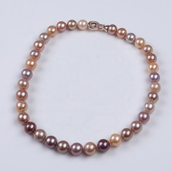 

chokers 10-12mm natural freshwater pink purple edison round pearl necklace for women gift, Golden;silver