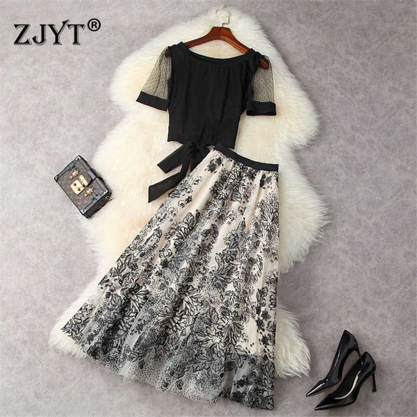

fashion summer women's clothing short sleeve knitted and embroidery mesh skirt 2 piece suit set lady party outfits 210601, White