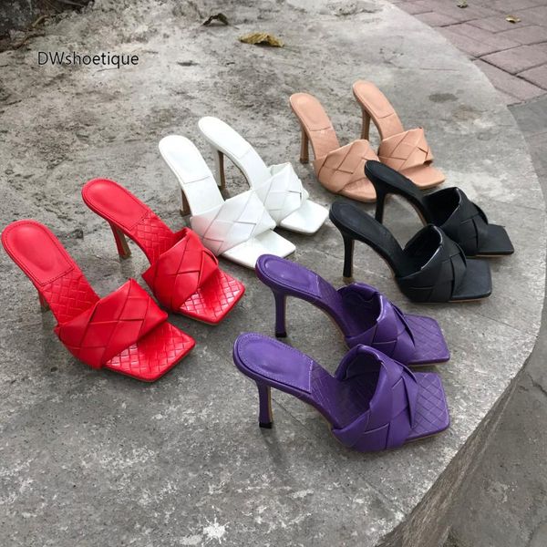 

slippers summer woven women slides square toe 9cm thin heel, Black