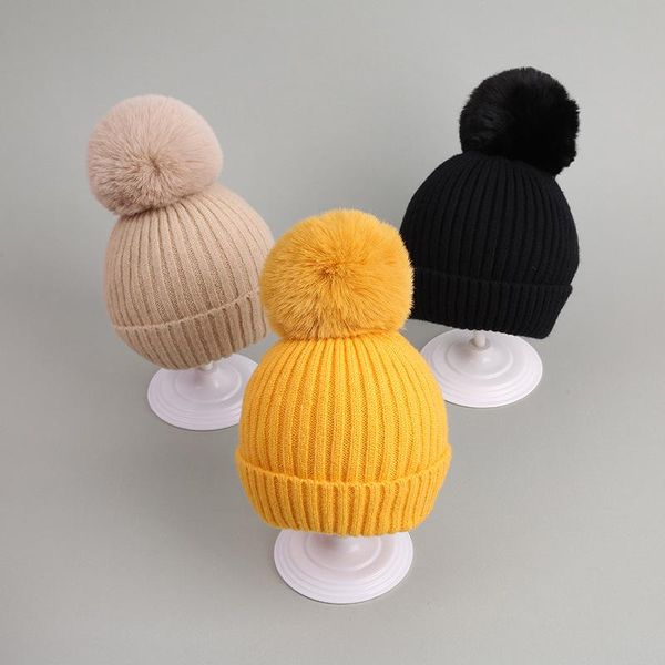

caps & hats cute big pompom baby hat winter warm knitted boys girls cap beanies solid color infant toddler bonnet, Yellow
