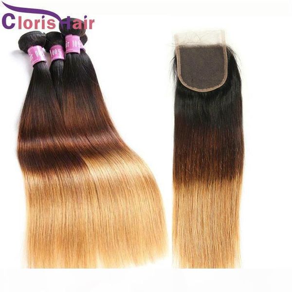 

1b 4 27 silk straight bundles malaysian virgin hair closure dark roots honey blonde ombre human hair weave 3 bundles with lace closure, Black;brown