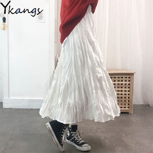 Yaz Katı Beyaz Siyah Gotik Pileli Etekler Bayan Harajuku Yüksek Bel Uzun Etek Artı Boyutu Saten MIDI Etek Streetwear 210306