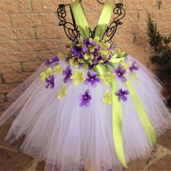 Mädchen Lila Grün Blütenblätter Fee Tutu Kleid Kinder Blumenkleid Ballkleid mit Schleife Kinder Hochzeit Party Kostüm Kleider Q0716