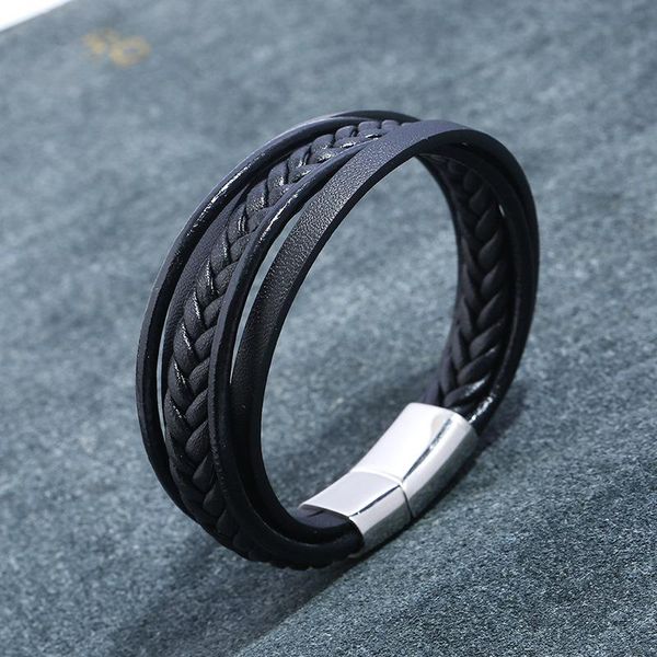 

tennis multilayer men bracelet braided genuine leather bangles for male stainless steel clasp wrap bracelets, Golden;silver