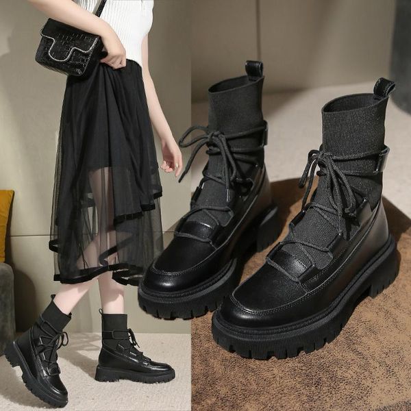 

boots rock shoes woman boots-women round toe 2021 black lolita summer autumn rubber med ankle ladies lace-up cross-tied pu solid slip