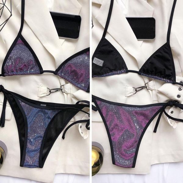 

women's swimwear luxury bling purple bikini set crystal diamond women up push bathing swim beachwear halter bandage w6v6, White;black