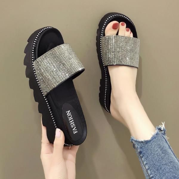 

on a wedge female shoes slippers flat platform slides shoes women med lady soft girl fashion pu rubber, Black