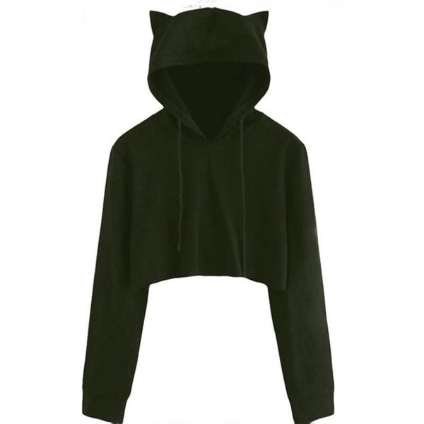 

teen girls cute cat ear breathable trim sweatshirt crop long sleeve pullover hoodies loose pullover moletom, Black