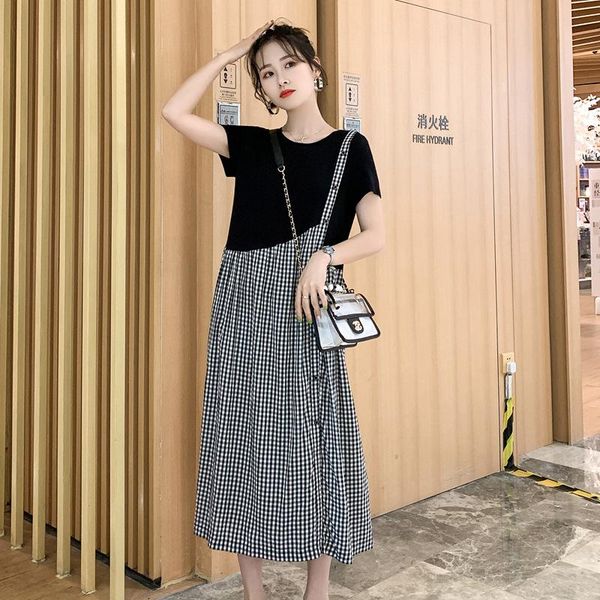 

maternity dresses dress for pregnant women clothes casual short sleeve summer pregnancy plaid patchwork clothing, White